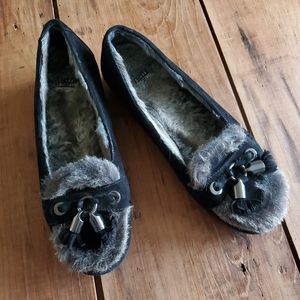 Stuart Weitzman Black Suede and Fur Tassel Loafers Size 6
